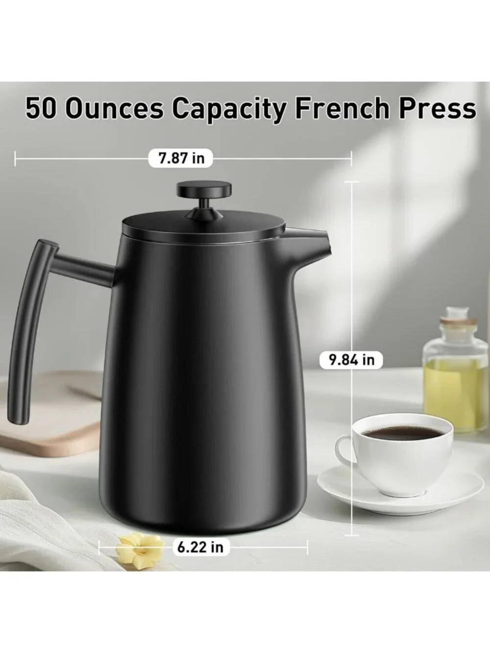 50oz Stainless Steel French Press Coffee Maker – Insulated, Extra Filter, Black